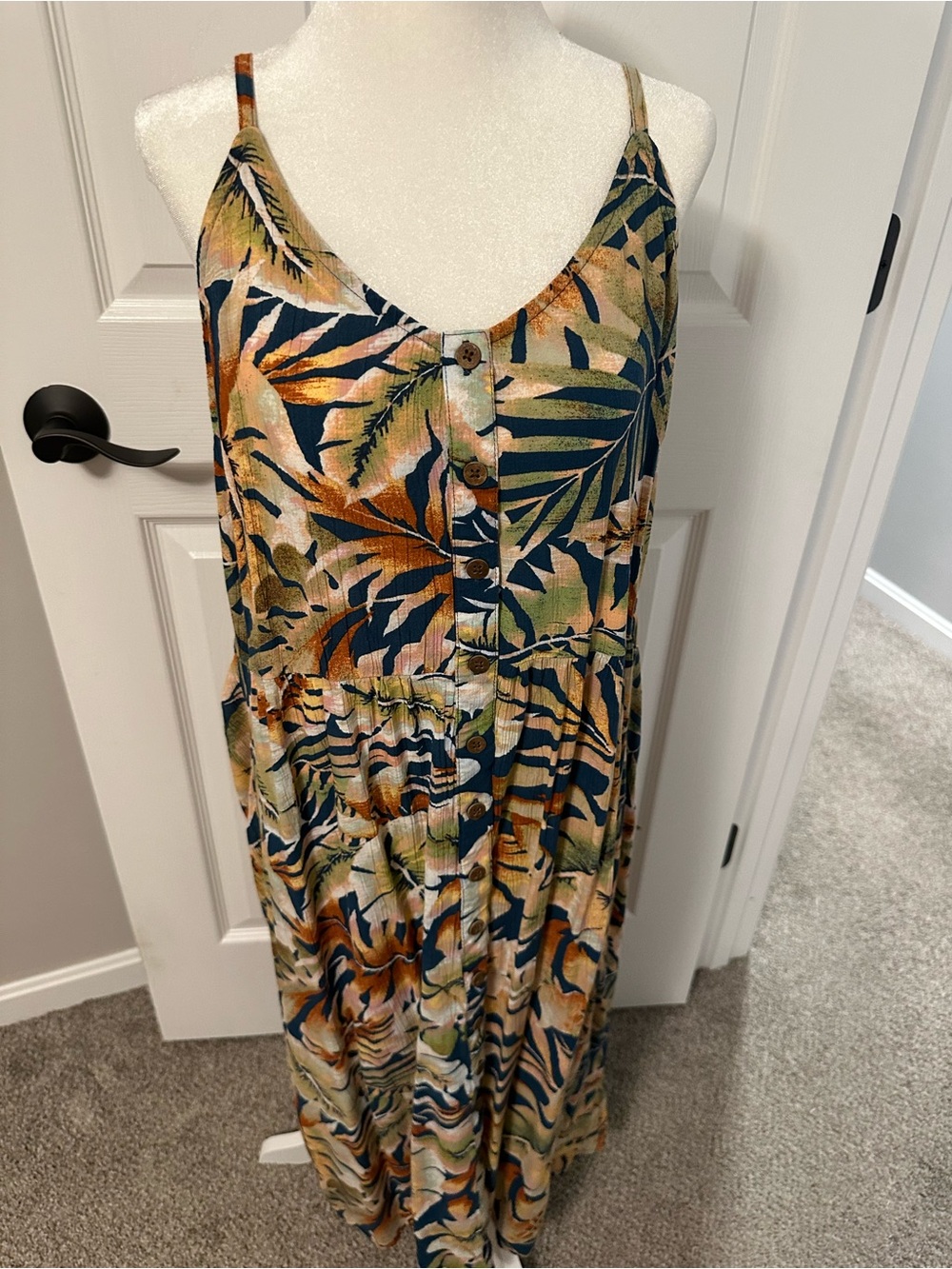 Tropical Button-Front Maxi Dress in Navy, Olive & Rust